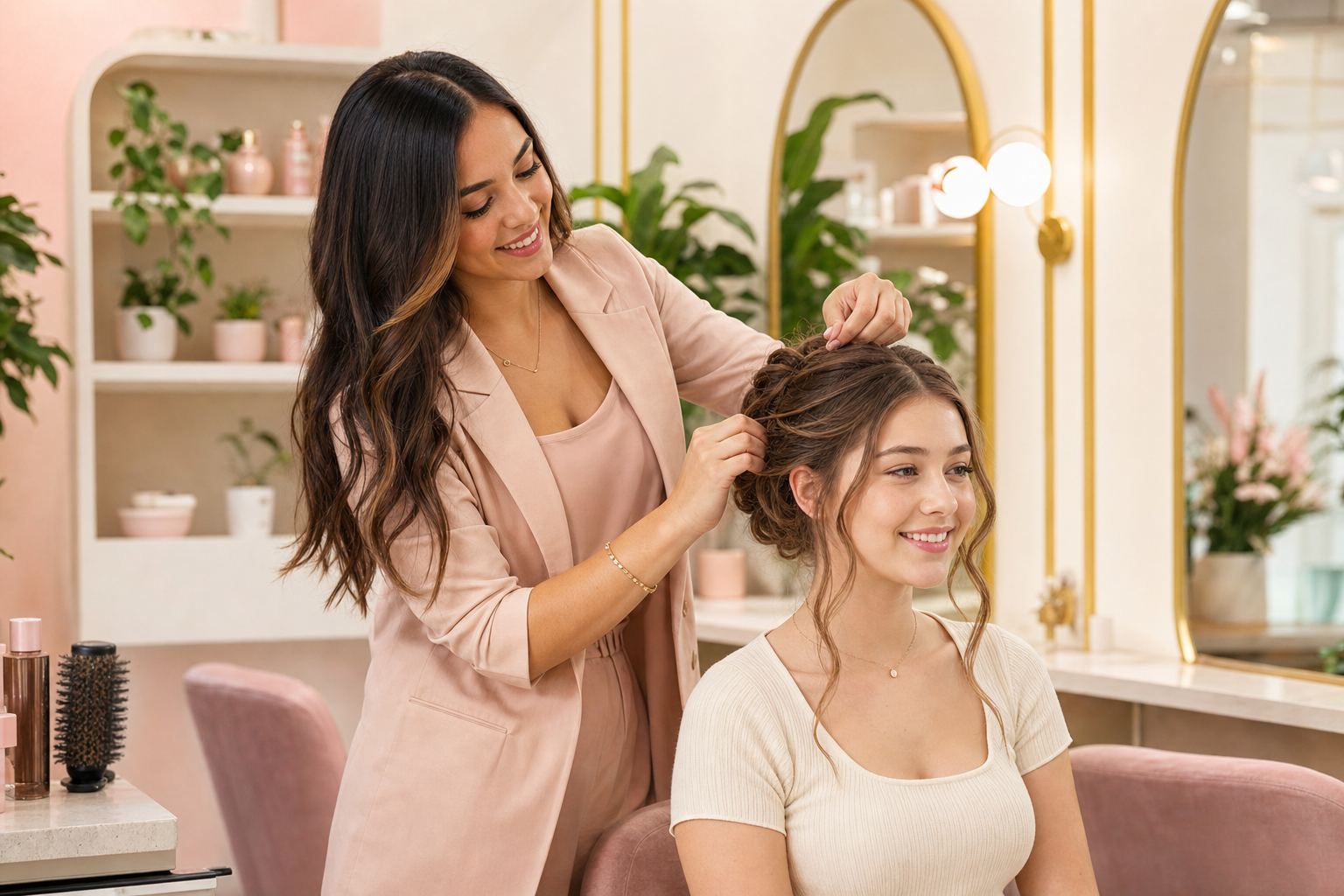 A young woman having her hair styled by a trainer in a modern salon
