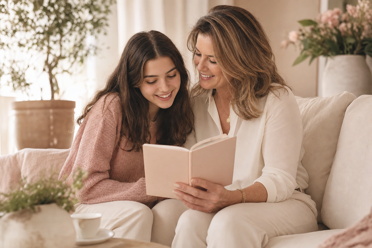 A young woman and her mentor sharing a journal in a warm living room